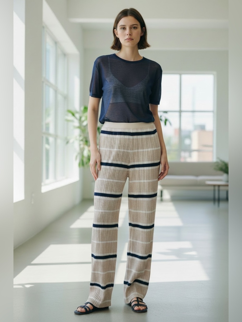 ETHEREAL By PAPER CRANE Blush Navy Plisse Wide Leg Pants Slacks Small High Rise